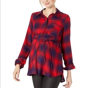Motherhood Maternity Red Buffalo Plaid Button Front Tunic